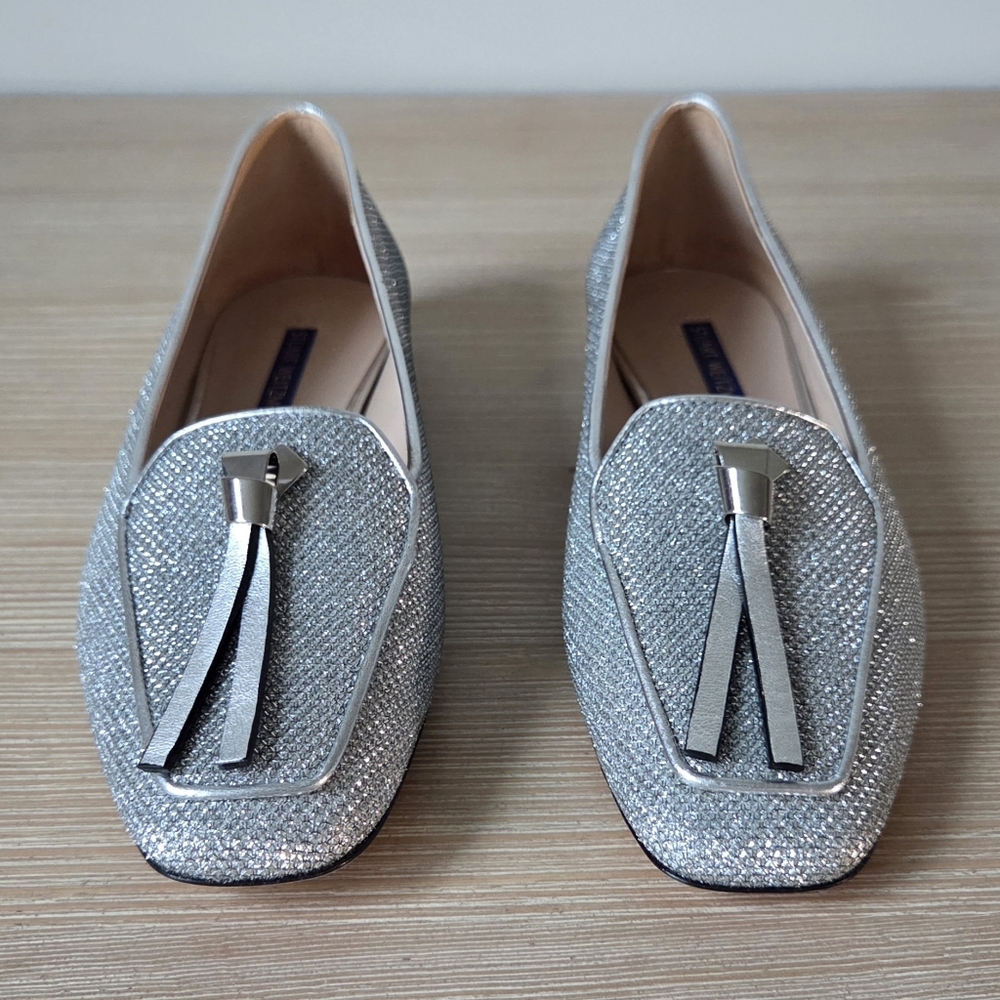 Stuart Weitzman Slipknot Silver Glitter Leather Flat Loafers Womens Size EU 38